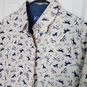 Vtg Wrangler Blues Long Sleeve Button Up Shirt White Blue Green Horse Print Med